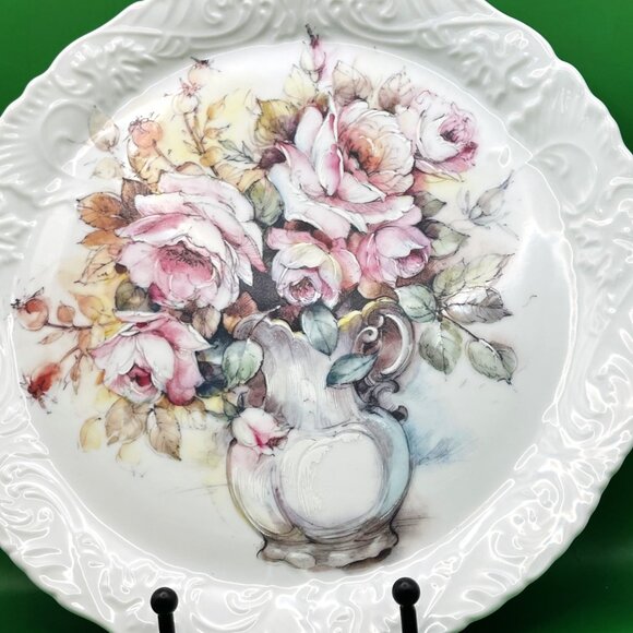 Floribunda Roses & Peonies Decorative Floral Plate Hand Painted Embossed 9" Dish - Picture 6 of 8